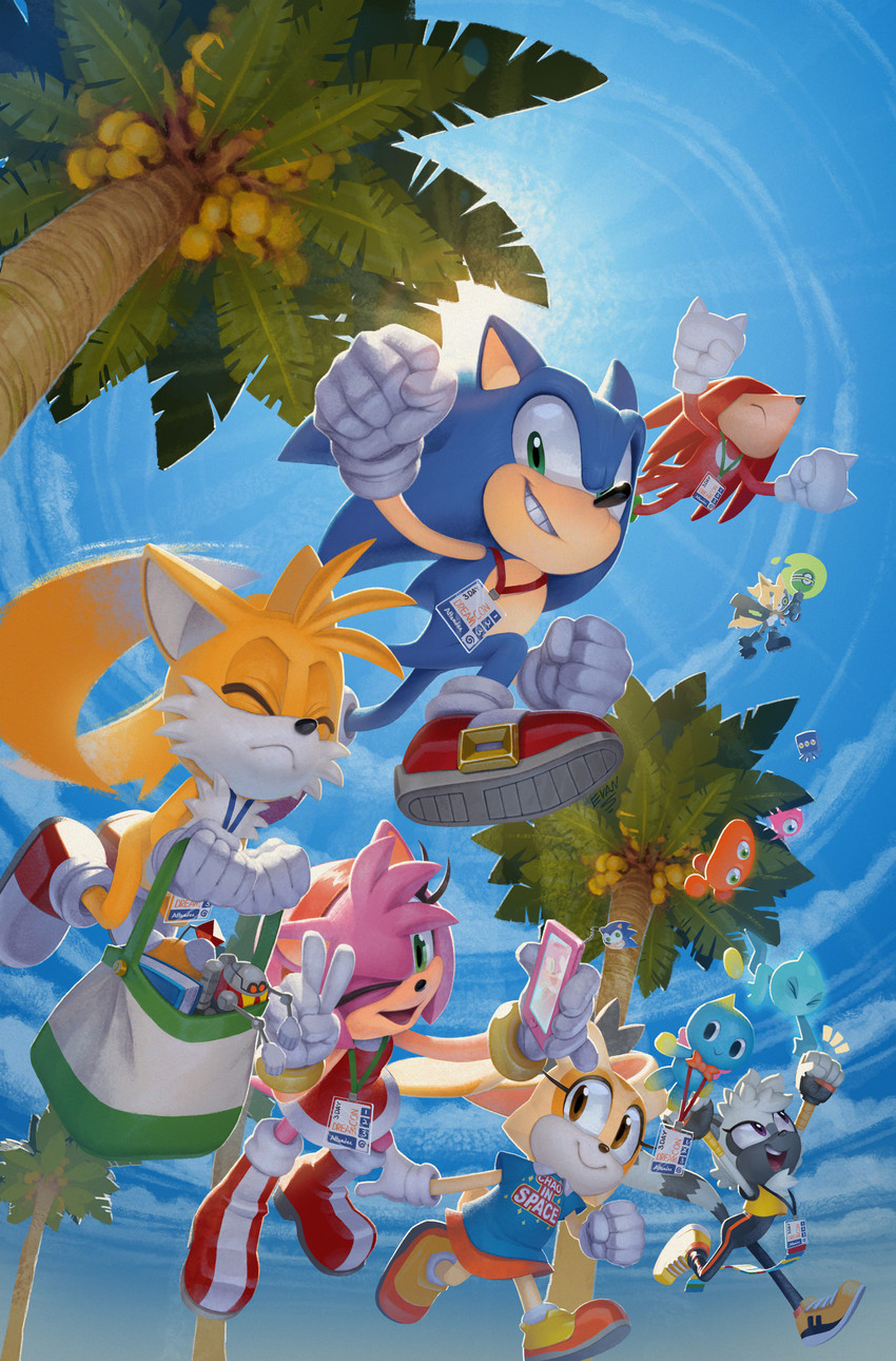 anthro boots cellphone clothing cloud day electronics female flying footwear gloves group handwear holding_cellphone holding_object holding_phone male narrow_hips one_eye_closed open_mouth open_smile palm_tree phone plant shoes smile sun thin_calves thin_legs thin_thighs tree wink evan_stanley idw_publishing sega sonic_the_hedgehog_(comics) sonic_the_hedgehog_(idw) sonic_the_hedgehog_(series) amy_rose cheese_the_chao cream_the_rabbit knuckles_the_echidna miles_prower sonic_the_hedgehog tangle_the_lemur whisper_the_wolf alien blue_wisp_(sonic) canid canine canis chao_(sonic) cyan_wisp_(sonic) echidna eulipotyphlan fox hedgehog lagomorph lemur leporid mammal monotreme orange_wisp_(sonic) pink_wisp_(sonic) primate rabbit strepsirrhine wisp_(sonic) wolf absurd_res hi_res