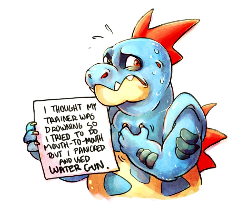 ambiguous_gender anthro black_body black_scales blue_body blue_scales bodily_fluids claws conversational_sign holding_object holding_sign humor irony nervous nude placard red_body red_eyes red_scales scales sign simple_background solo spikes sweat teeth text white_background yellow_body yellow_scales phantastus dogshaming nintendo pokemon croconaw generation_2_pokemon pokemon_(species) reptile scalie 2015 english_text meme