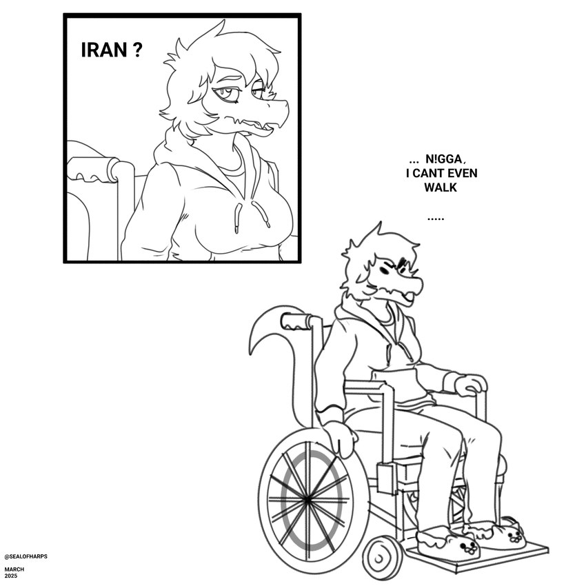 annoyed bangs bottomwear clothing comic_panel dialogue female flip_flops footwear hair hoodie looking_at_viewer pants resting sandals shirt shoes short_bangs short_hair sitting slur solo sweater tail text thick_tail topwear undershirt vehicle wheel wheelchair harpseal cavemanon_studios i_wani_hug_that_gator olivia_halford baryonyx dinosaur prehistoric_species reptile scalie spinosaurid theropod 1:1 absurd_res comic english_text hi_res meme monochrome one_page_comic
