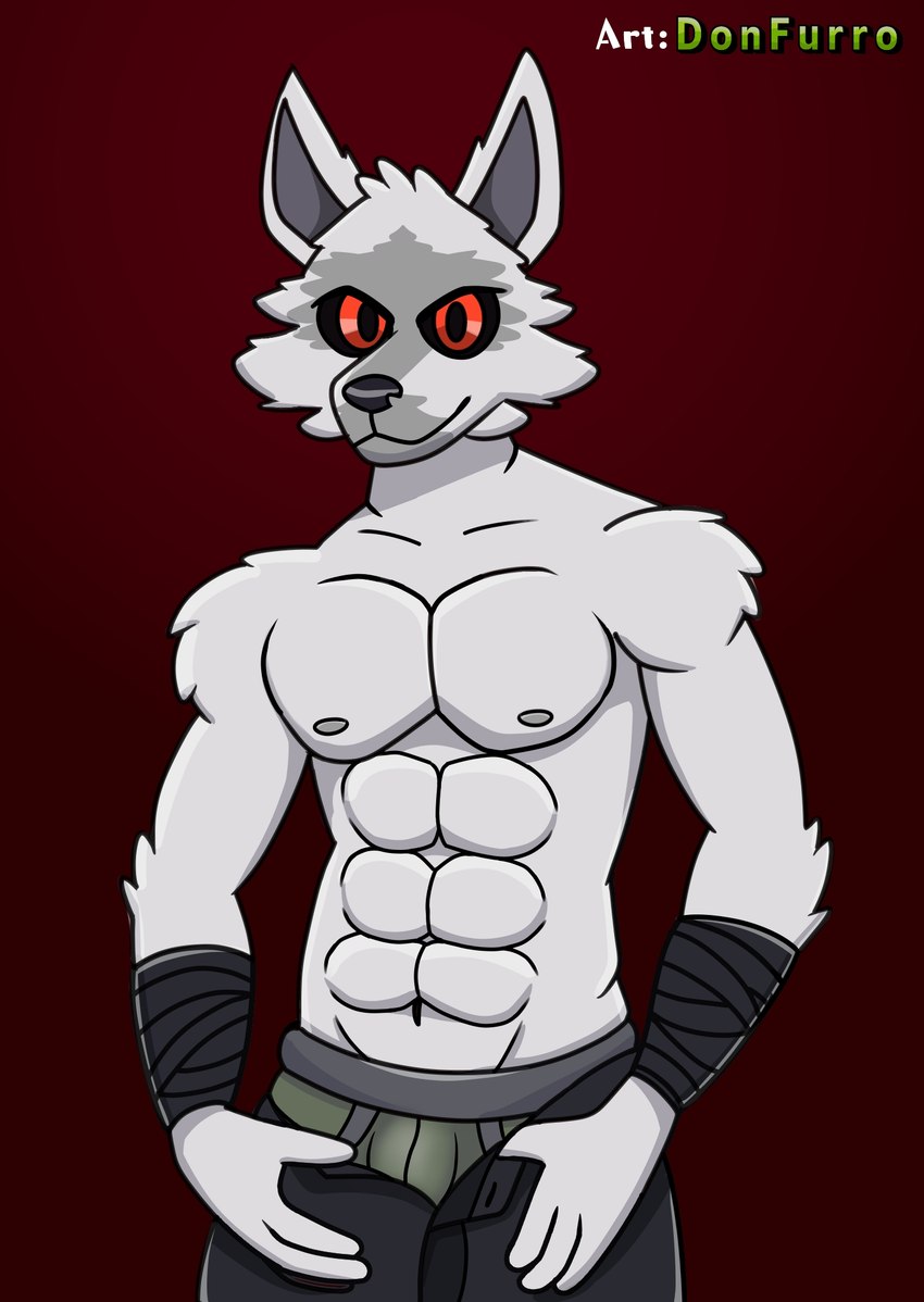 abs anthro bottomwear bulge clothed clothing fur grey_body grey_fur hand_wraps looking_at_viewer male muscular muscular_anthro muscular_male navel nipples pants pecs red_background red_eyes shirtless shirtless_anthro shirtless_male simple_background smile smirk solo standing topless topless_anthro topless_male underwear white_body white_fur wraps donfurro dreamworks puss_in_boots_(franchise) death_(puss_in_boots) canid canine canis mammal wolf hi_res