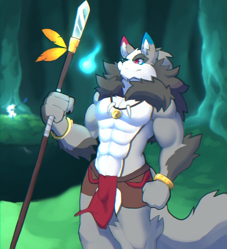 4_fingers abs anthro biped black_body black_claws black_fur black_nose blue_ears bottomwear claws clothing detailed_background ear_piercing fingers fist fluffy fluffy_tail fur grey_body grey_ears grey_fur grey_tail holding_object holding_weapon loincloth male melee_weapon multicolored_ears muscular muscular_anthro muscular_male pecs piercing polearm red_ears red_eyes solo spear standing tail tribal weapon white_body white_fur whiteleo mokarakom canid canine canis mammal wolf 2019 absurd_res digital_media_(artwork) hi_res portrait three-quarter_portrait