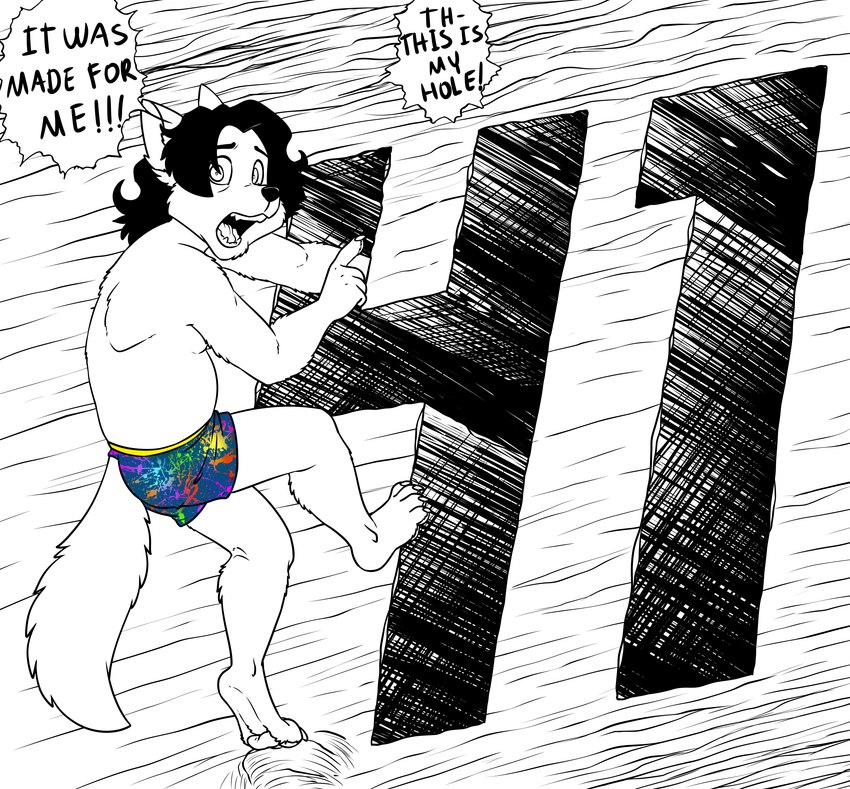 anthro birthday clothed clothing inked male parody solo text underwear zooshi junji_ito_(copyright) the_enigma_of_amigara_fault zooshi_(character) canid canine canis mammal wolf 2023 absurd_res black_and_white english_text hi_res model_sheet monochrome