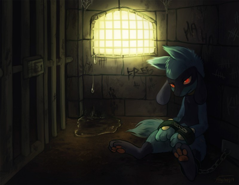 angry catch chain feral glowing inside male pose prison red_eyes sad sitting solo tally_marks water western_tally_marks haychel nintendo pokemon canid canine generation_4_pokemon mammal pokemon_(species) riolu digital_media_(artwork)