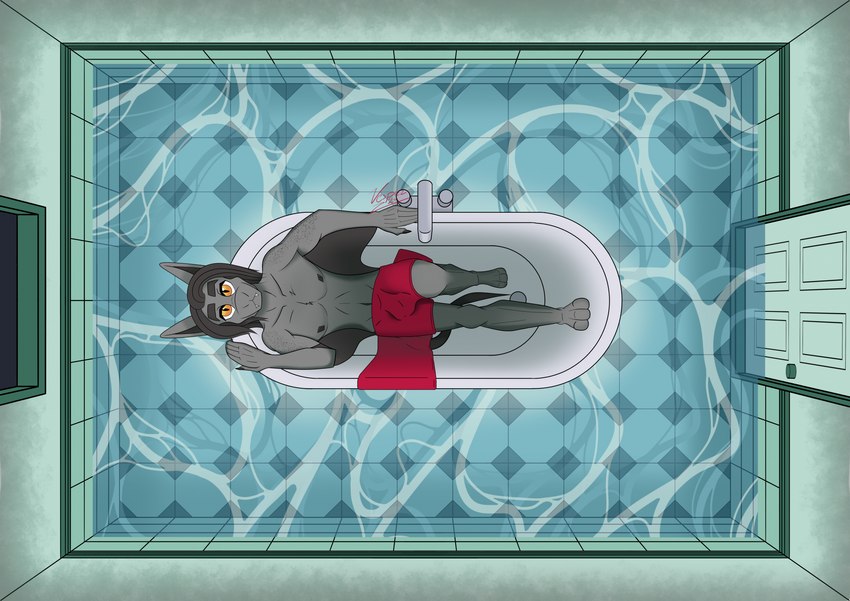 anthro bathroom bathtub bulge covering detailed_bulge door drain fangs faucet floor hair long_hair looking_at_viewer male night nipples nude nude_male orange_eyes solo surrealism tail teeth tile tile_floor towel water window wings vesper_thee_bat vesper_thee_bat_(character) bat mammal 2024 hi_res