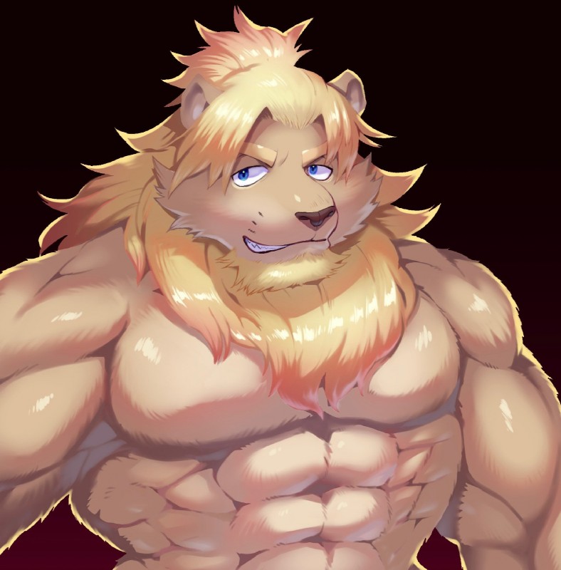 abs anthro biceps blue_eyes facial_hair fur hair male mane mane_hair muscular muscular_anthro muscular_male pecs solo tan_body tan_fur tied_hair star_parlor felid lion mammal pantherine hi_res