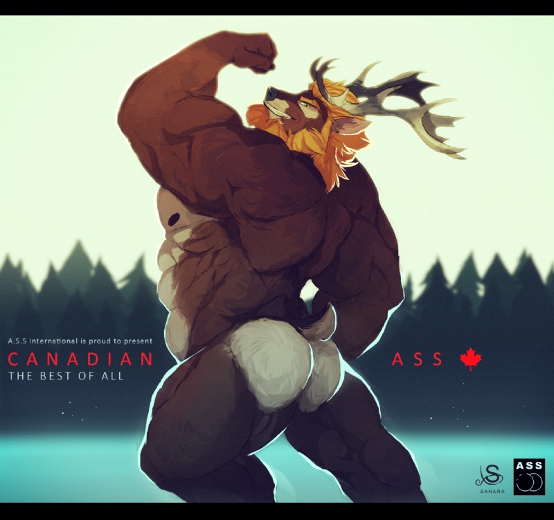 abs anthro antlers biceps big_butt big_muscles black_bars butt canada facial_hair flexing fur hair horn looking_at_viewer male muscular muscular_anthro muscular_male nipples nude pecs plant smile smirk solo text tree vetrowolf deer mammal 2016 digital_media_(artwork) english_text hi_res letterbox