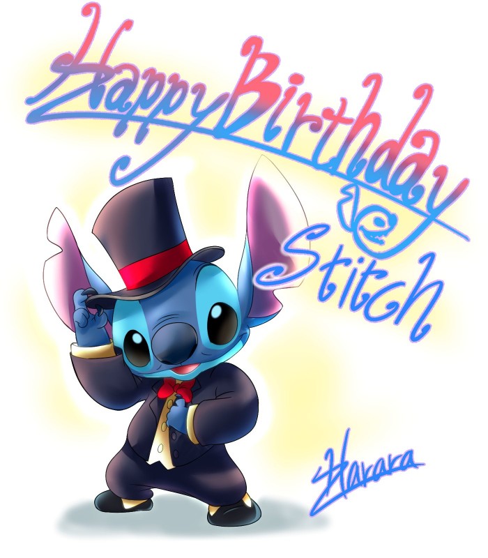 4_fingers birthday black_eyes black_tie_(suit) blue_body blue_claws blue_nose bow_(feature) bow_tie claws clothed clothing fingers footwear fully_clothed happy_birthday hat headgear headwear looking_at_viewer notched_ear shoes smile solo standing suit text top_hat harara disney lilo_and_stitch stitch_(lilo_and_stitch) alien experiment_(lilo_and_stitch) 2019 english_text hi_res signature