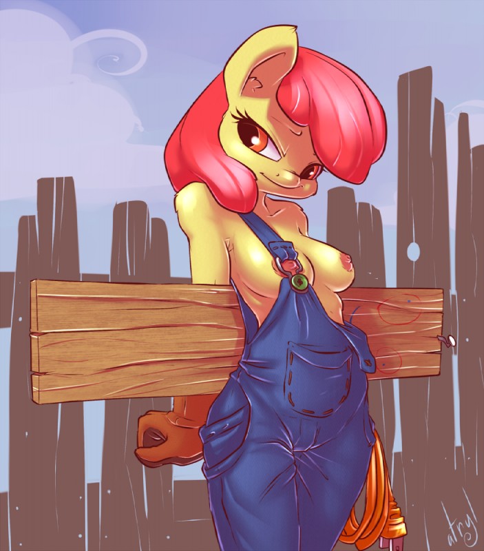 anthro anthrofied areola breasts clothed clothing female fence fur hair nail nipples orange_eyes outside overalls overalls_only plank red_hair shirtless skimpy smile solo yellow_body yellow_fur atryl cartoon_network ed_edd_n_eddy friendship_is_magic hasbro my_little_pony apple_bloom_(mlp) plank_(character) earth_pony equid equine horse mammal pony digital_media_(artwork)