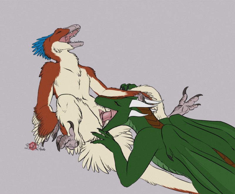 anthro claws cunnilingus deep_cunnilingus deep_tongue duo eyes_closed feathers featureless_chest feet female female/female head_grab horn membrane_(anatomy) membranous_wings open_mouth oral sex sharp_teeth tail talons teeth toes vaginal wings epicwang mythology arimah dinosaur dragon dromaeosaurid mythological_creature mythological_scalie prehistoric_species reptile scalie theropod velociraptor