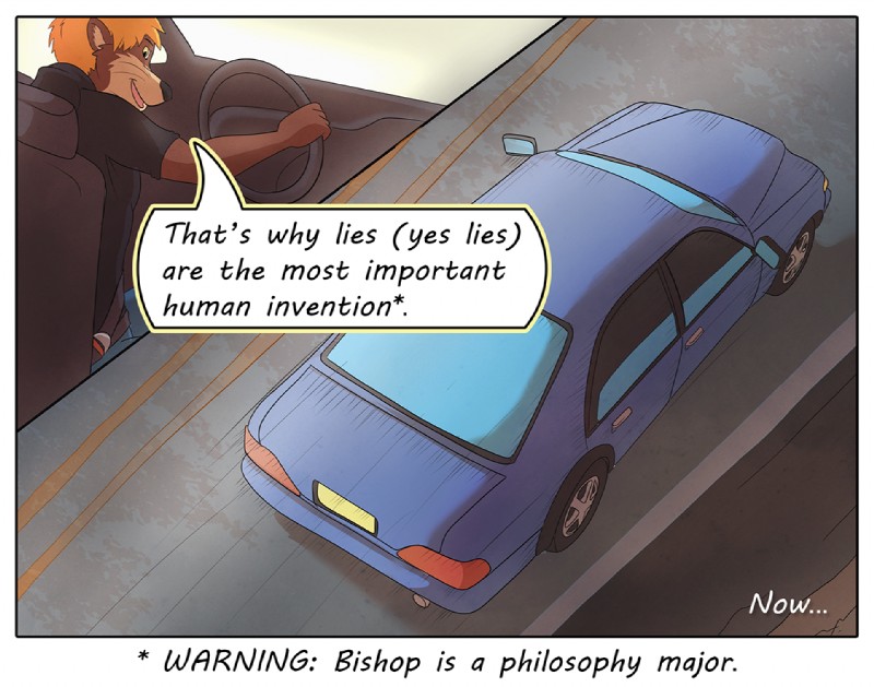 brown_body brown_fur car clothed clothing dialogue driving fur hair inside_car inside_vehicle male orange_hair text vehicle colrblnd duzt measureup bishop_locke mammal mustelid otter comic english_text