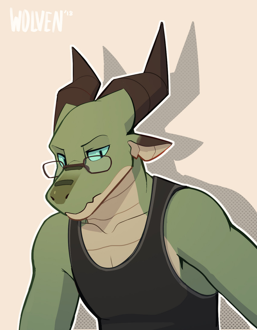 anthro biped blue_eyes clothed clothing eyewear glasses green_body green_scales horn looking_down male pupils scales shirt simple_background slit_pupils solo tank_top text topwear white_background itswolven mythology vynn_(itswolven) dragon mythological_creature mythological_scalie scalie 2018 english_text hi_res signature