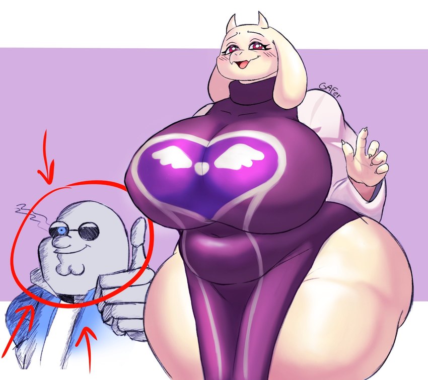 anthro big_breasts blue_eyes blush bone breasts clothed clothing curvy_anthro curvy_female curvy_figure delta_rune_(emblem) duo female fur gesture hand_gesture horn huge_breasts long_ears male red_eyes robe skeleton slightly_chubby smile symbol symbol_on_clothing thick_thighs thumbs_up voluptuous voluptuous_female white_body white_fur gafer.exe family_guy undertale undertale_(series) peter_griffin sans_(undertale) toriel animated_skeleton boss_monster_(undertale) bovid caprine goat mammal undead 2024 hi_res lol_comments meme