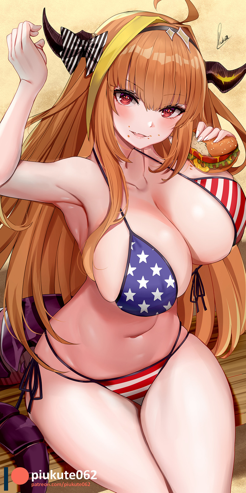 5_fingers american_flag_bikini big_breasts bikini bikini_bottom bikini_top blonde_hair breasts burger cleavage cleavage_overflow clothed clothing eating female fingers flag flag_bikini flag_clothing flag_print flag_swimwear food hair holding_burger holding_food holding_object horn huge_breasts looking_at_viewer navel open_mouth print_bikini print_clothing print_swimwear red_eyes sitting smile solo swimwear tail two-piece_swimsuit wide_hips piukute062 hololive mythology vtuber coco_kiryu animal_humanoid dragon dragon_humanoid horned_humanoid humanoid mythological_creature mythological_scalie scalie tailed_humanoid 1:2 2020 hi_res