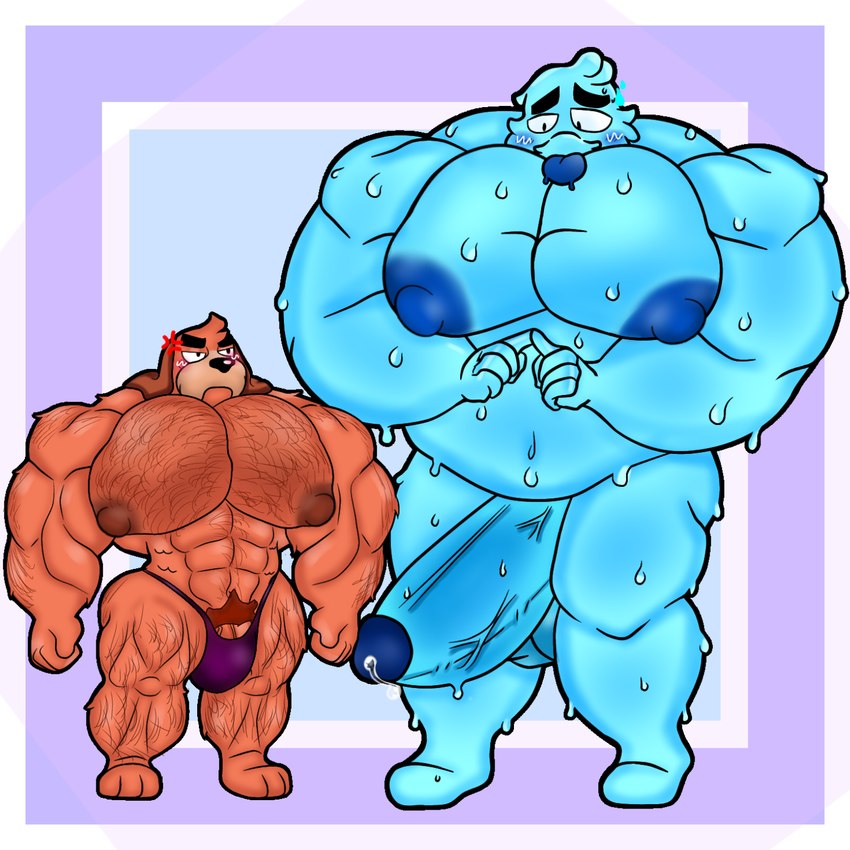 anthro big_muscles big_pecs duo genitals hairy huge_muscles hyper hyper_genitalia hyper_muscles male muscular pecs cocokun! brawl_stars supercell_(company) ruffs squeak_(brawl_stars) canid canine canis domestic_dog goo_creature mammal hi_res