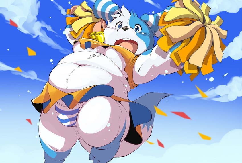 anthro belly big_belly black_nose blue_body bulge cheerleader_outfit clothed clothing cloud crossdressing kemono male moobs navel outside overweight overweight_male solo underwear white_body chibineco canid canine mammal 2022