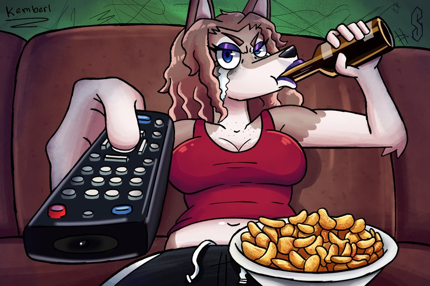 anthro bodily_fluids bottle breasts cleavage clothed clothing container controller crying drinking female food remote_control shirt solo tank_top tears topwear rsbr sipping_beer_on_a_couch_stock_image moze_(rsbr) canid canine canis mammal wolf hi_res meme