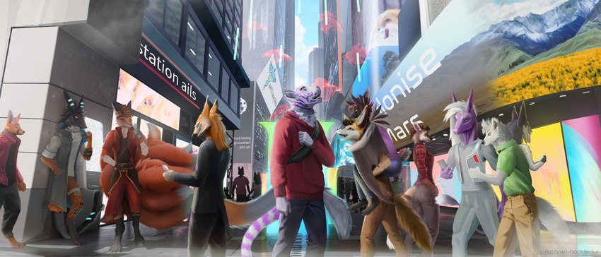 anthro city cityscape cyberpunk detailed_background female group lights male science_fiction street text haral tarin_nailo bat canid canine canis felid fox humanoid mammal pantherine sergal tiger wolf absurd_res english_text hi_res