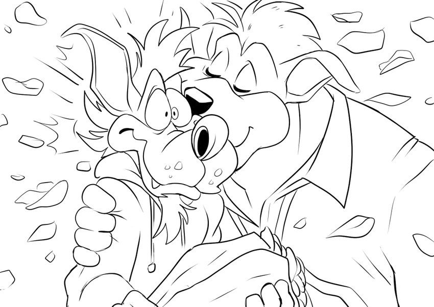 clothing facial_hair flower goatee hoodie kissing male male/male necktie petals plant surprise_kiss toony topwear unknown_artist sega sonic_the_hedgehog_(series) sonic_underground tamers12345's_sonic_underground dingo_(sonic_underground) sleet_(sonic_underground) canid canine canis dingo mammal wolf monochrome source_request