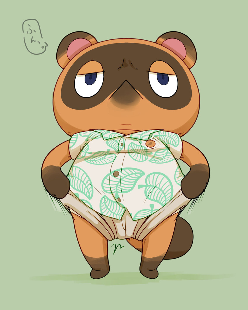 anthro bottomwear brown_body brown_fur chibi clothing fur green_background kemono male shirt shorts simple_background slightly_chubby solo text topwear magictukai_aaaa animal_crossing nintendo tom_nook_(animal_crossing) canid canine mammal raccoon_dog tanuki 2020 absurd_res hi_res japanese_text