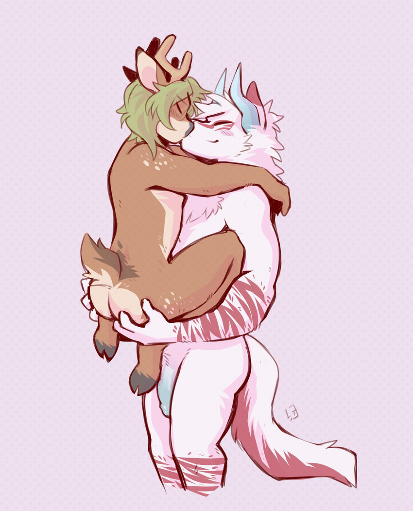 anthro antlers blush blush_stickers chest_tuft duo eyes_closed flaccid foreskin genitals green_hair hair hand_on_butt hands_behind_head holding_character horn hug humanoid_genitalia humanoid_penis kissing lifting long_penis male penis pink_background scut_tail short_tail simple_background smile standing tail tuft tohfu eros_(3r0s) canid canine canis deer mammal wolf hi_res