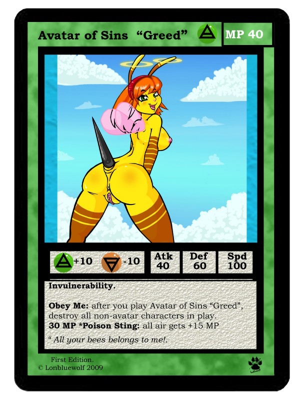 antennae_(anatomy) anthro anus big_breasts big_butt biped blush body_blush border breast_blush breasts butt butt_blush butt_pose card card_template cloud copyright_symbol day extended_arms female fur genitals greed green_eyes hair halo head_turned insect_wings leaning leaning_forward long_hair looking_at_viewer looking_back looking_back_at_viewer nipples non-mammal_breasts non-mammal_nipples nude open_mouth open_smile orange_hair outside pose presenting presenting_hindquarters pussy rear_view sky small_wings smile solo standing stinger straight_legs symbol text tongue trading_card trading_card_template white_border wide_hipped_female wide_hips wide_stance wings lonbluewolf seven_deadly_sins arthropod bee hymenopteran insect 2009 3:4 digital_media_(artwork) english_text hi_res watermark