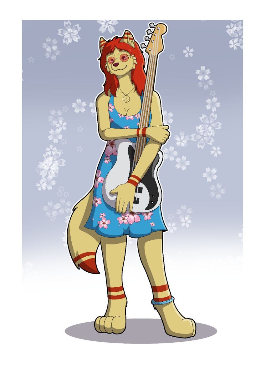 alternative_fashion ankle_band anthro bass_guitar biped blue_clothing blue_dress blue_eyes clothed clothing dress eyewear female fully_clothed fur guitar hair hippie jewelry markings musical_instrument necklace peace_symbol plucked_string_instrument pose red_hair red_markings simple_background smile solo string_instrument sunglasses yellow_body yellow_fur rutan_qilin scarlet_(spring_grove) canid canine fennec_fox fox mammal true_fox digital_media_(artwork) full-length_portrait hi_res pinup portrait