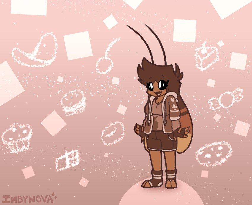 2_toes 4_fingers abstract_background antennae_(anatomy) anthro black_eyes bottomwear breasts brown_body brown_bottomwear brown_clothing brown_fingerless_gloves brown_footwear brown_gloves brown_hair brown_handwear brown_hoodie brown_jacket brown_shirt brown_shorts brown_socks brown_topwear cake candy cheesecake chips_(food) chocolate chocolate_bar cleavage clothed clothing cookie dessert eye_through_hair eyebrow_through_hair eyebrows eyelashes feet female fingerless_gloves fingers food footwear fully_clothed gloves hair handwear happy hoodie jacket medium_breasts muffin open_clothing open_hoodie open_jacket open_mouth open_smile open_topwear pupils shirt shorts smile socks solo sparkles standing three-quarter_view toeless_footwear toeless_socks toes topwear translucent translucent_hair white_pupils imbynova rachie_(imbynova) arthropod blattodea cockroach insect artist_name digital_media_(artwork) full-length_portrait hi_res portrait