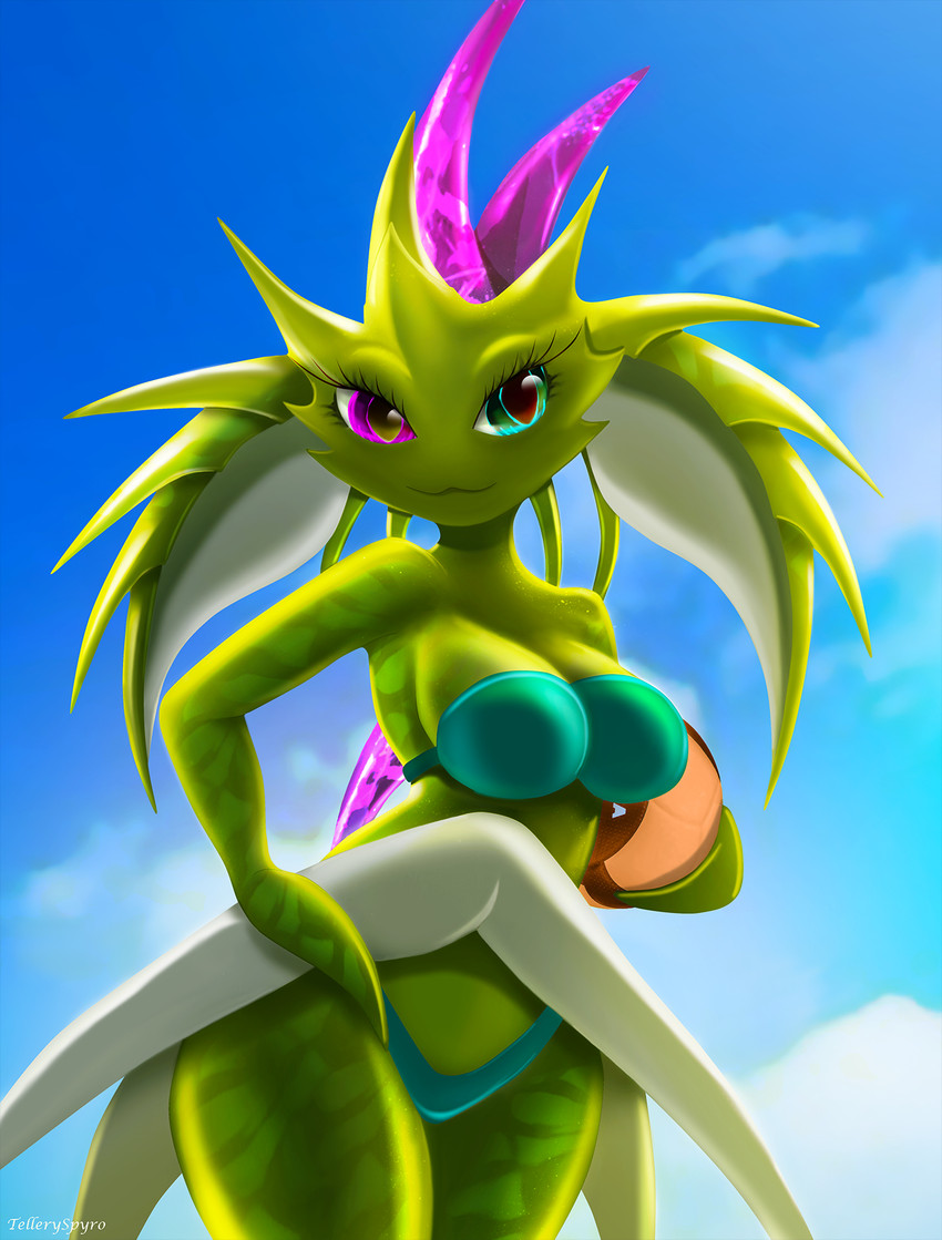 anthro ball big_breasts blue_eyes breasts clothing crystal day female heterochromia light long_ears looking_at_viewer pose purple_eyes sky smile solo sunlight swimwear volleyball_(ball) telleryspyro heralds_of_the_avirentes arteya psionic_ahnor_(heralds_of_the_avirentes) 2026 digital_media_(artwork) hi_res