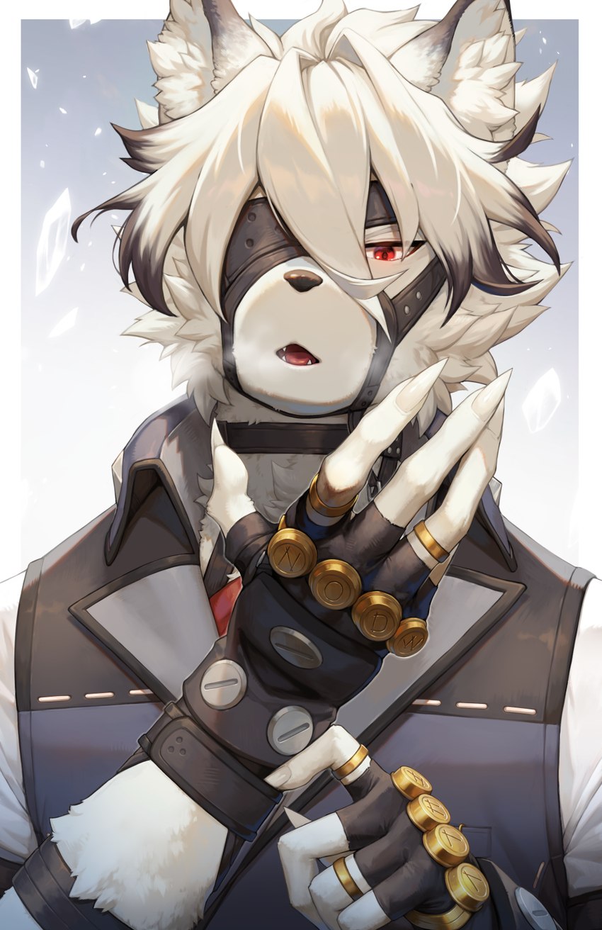 anthro clothing fingerless_gloves fur gloves hair handwear harness leather leather_harness male red_eyes shirt solo tail topwear vest white_body white_fur white_hair kemokemono mihoyo zenless_zone_zero von_lycaon canid canine canis mammal wolf hi_res