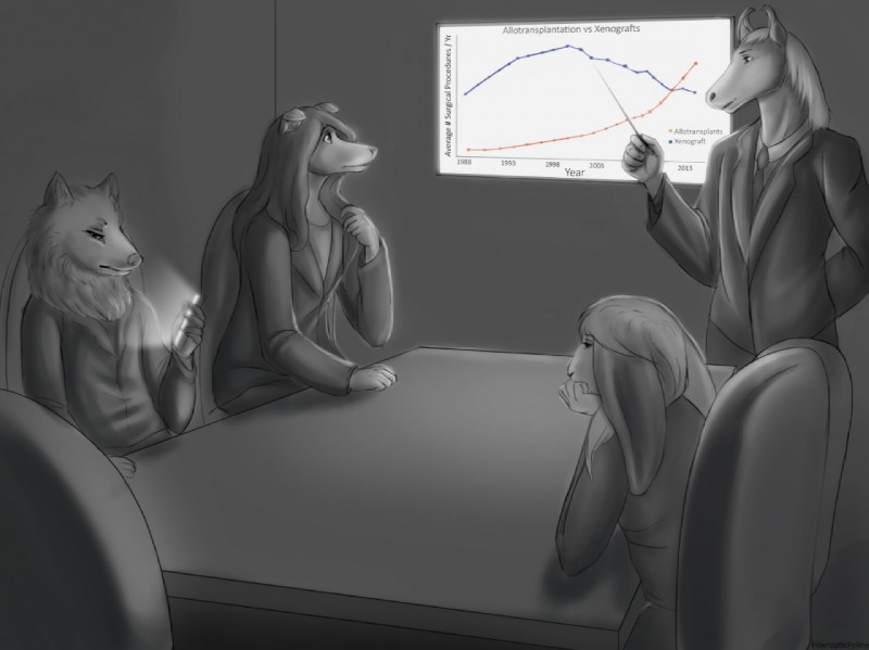 anthro business clothing female group male science suit fiberopticfeline sofia_fluttertail william_hayes canid canine canis collie domestic_dog equid equine fox hare herding_dog horse lagomorph leporid mammal pastoral_dog rabbit rough_collie sheepdog digital_media_(artwork) greyscale monochrome story story_in_description