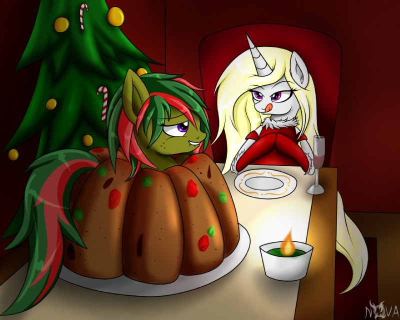 cake clothed clothing dessert duo female feral food fruit_cake hair hat headgear headwear holidays hooves horn imminent_vore male open_mouth tongue tongue_out vore novaspark christmas hasbro my_little_pony mythology fan_character earth_pony equid equine horse mammal mythological_creature mythological_equine pony unicorn 2015 5:4