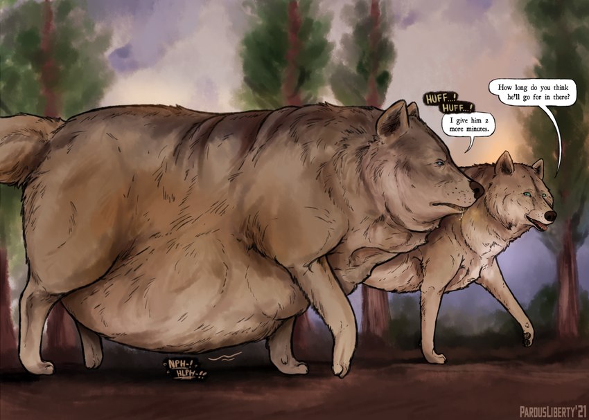 belly big_belly black_nose cloud digestion duo fatal_vore feet female feral feral_pred fur grey_body grey_fur obese obese_female obese_feral outside overweight overweight_female overweight_feral plant tail text toes tree vore walking pardusliberty canid canine canis mammal wolf english_text