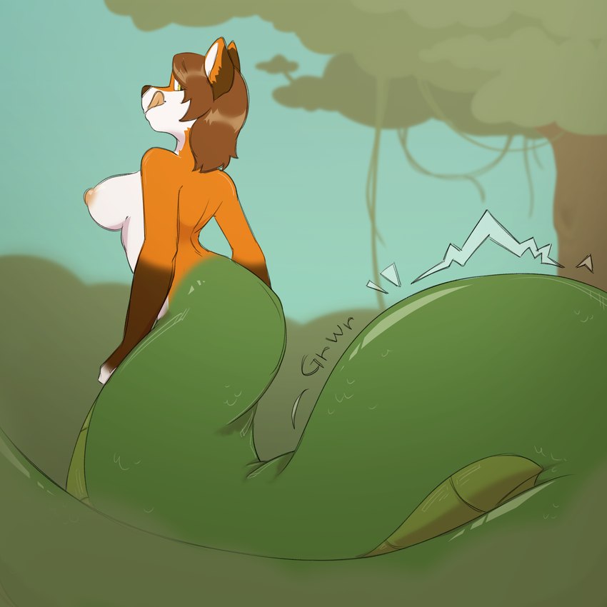 anthro apode breasts brown_hair countershading female green_body green_scales hair legless licking licking_lips looking_back multicolored_body nipples nude orange_body outside plant rumbling_stomach scales serpentine solo split_form tongue tongue_out tree white_body white_countershading squeaker julia_(werefox) canid canine draconcopode fox lamia mammal reptile scalie snake 1:1 2025 absurd_res hi_res