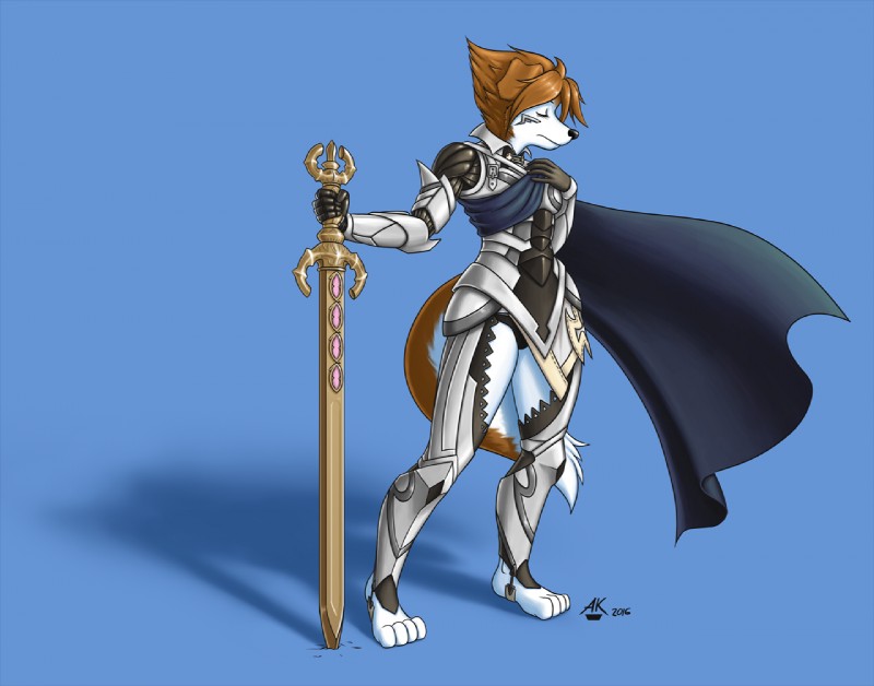 4_toes anthro armor barefoot biped blue_background brown_body brown_fur brown_hair clothed clothing eyes_closed feet female fur hair melee_weapon plantigrade shadow simple_background solo sword text toes weapon white_body white_fur atticuskotch fire_emblem fire_emblem_fates nintendo amber_(atticuskotch) corrin_(fire_emblem) canid canine canis domestic_dog mammal 2016 english_text signature