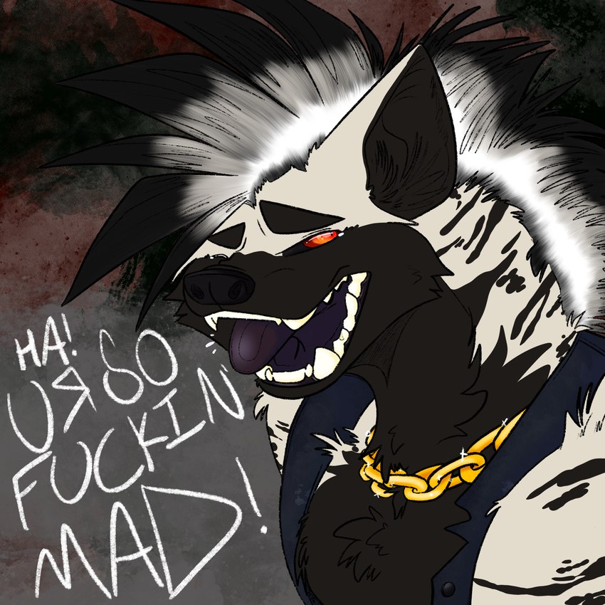 anthro big_teeth black_markings chain clothing gold_(metal) gold_chain hair laugh male markings mohawk multicolored_hair orange_eyes purple_nose purple_tongue solo sparkles stripes teary_eyes text tongue torn_clothing two_tone_hair white_body y33np33n_(artist) spade_(yeenpeen) hyena mammal striped_hyena english_text hi_res