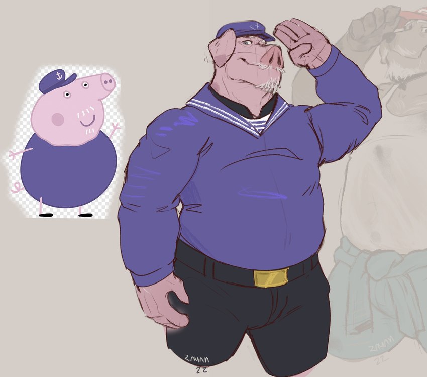 anthro belly bottomwear clothing facial_hair hat headgear headwear humanoid_hands male mature_male overweight overweight_male pants shirt solo topwear rneves_069 peppa_pig grandpa_pig domestic_pig mammal suid suina sus_(pig) 2022 hi_res