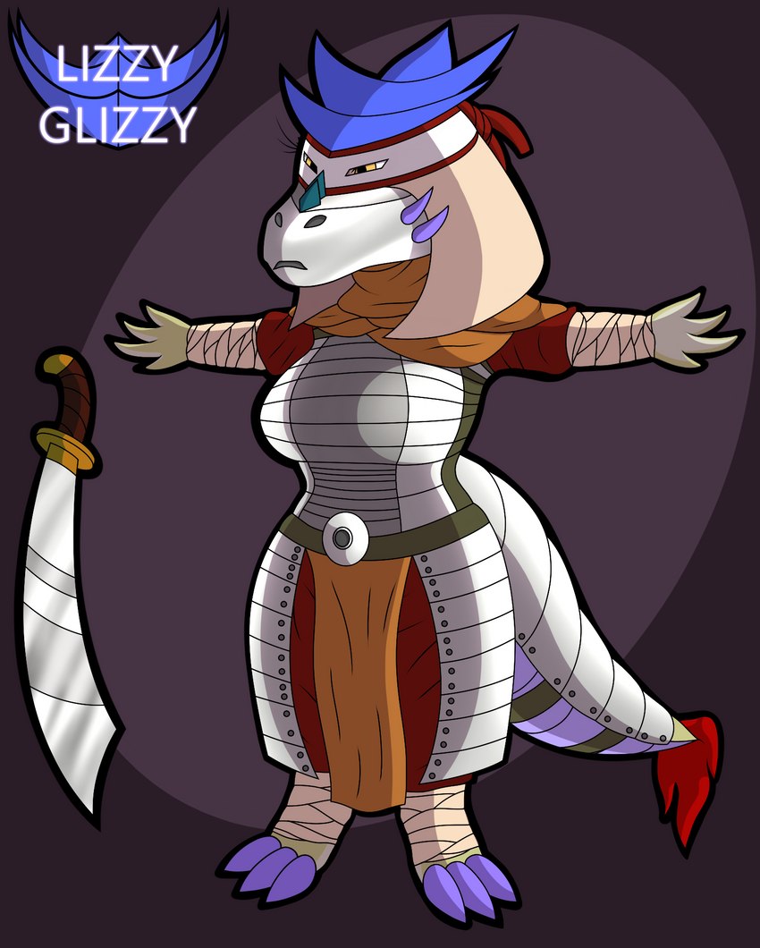 anthro armor armored_tail biped blue_clothing breasts claws clothing eyelashes female grey_armor orange_clothing purple_body purple_claws purple_scales purple_spikes red_clothing scales smile solo spikes spikes_(anatomy) t-pose tail tan_body tan_scales text white_armor yellow_eyes lizzyglizzy mythology juna_june_(lizzyglizzy) dragon mythological_creature mythological_scalie scalie 2021 english_text hi_res