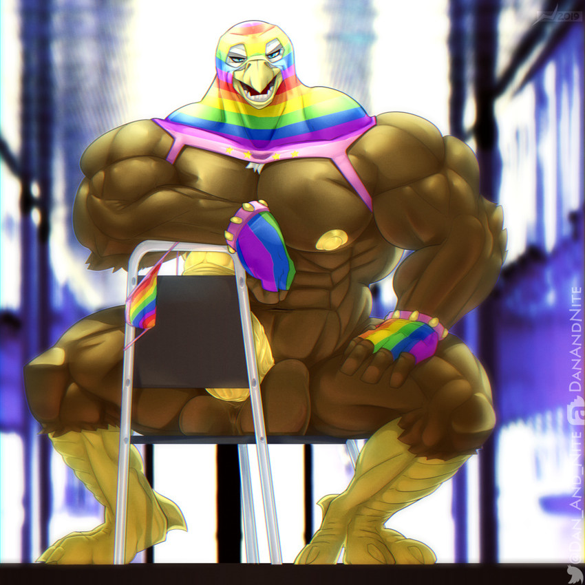 anthro balls beak big_balls big_muscles big_penis blue_eyes brown_body brown_feathers chair chest_tuft clothing clothing_aside erection feathers feet fingerless_gloves furniture genitals gloves hand_on_leg hand_on_thigh handwear huge_muscles lgbt_pride looking_at_viewer male mask multicolored_clothing multicolored_gloves multicolored_handwear multicolored_thong multicolored_underwear muscular muscular_male nipples non-mammal_balls nude on_chair penis pride_color_clothing pride_color_gloves pride_color_handwear pride_color_thong pride_color_underwear pride_colors rainbow rainbow_pride_clothing rainbow_pride_colors rainbow_symbol sitting sitting_on_chair six-stripe_rainbow_pride_colors solo straddling_chair super_gay talons teeth thong thong_aside toes tuft underwear underwear_aside white_body white_feathers yellow_nipples yellow_penis danandnite rainbow_patriot accipitrid accipitriform avian bald_eagle bird eagle sea_eagle 1:1 meme