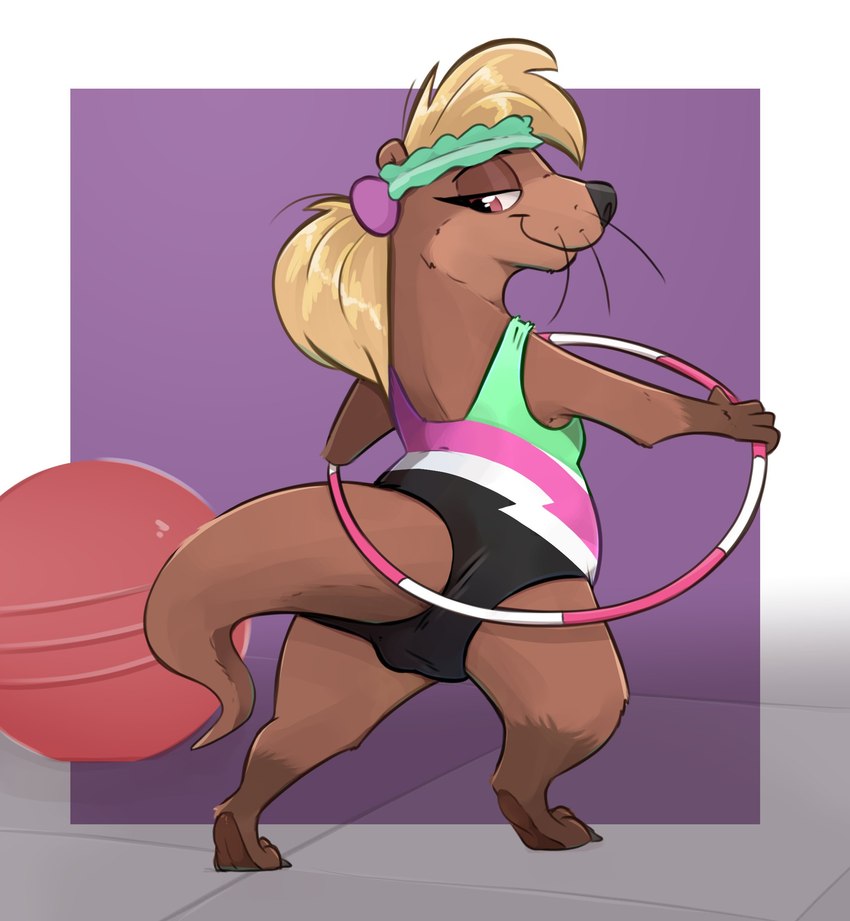 accessory anthro ball black_nose blonde_hair brown_body brown_fur clothing female fur gloves_(marking) hair headband headgear headwear holding_object hula_hoop leg_markings leotard looking_at_viewer looking_down markings one-piece_swimsuit ponytail purple_background red_ball semi-anthro simple_background socks_(marking) solo swimwear teal_headband noodlestoat mammal mustelid otter absurd_res hi_res