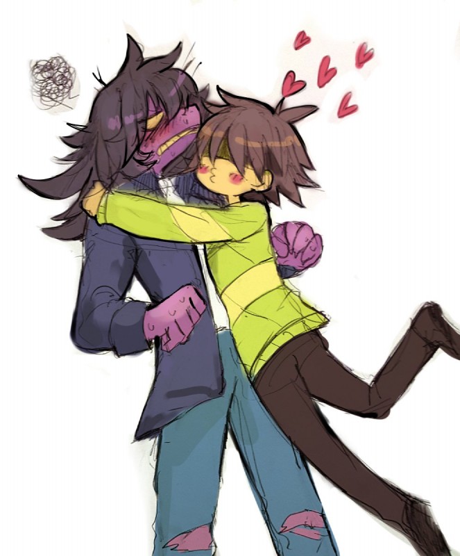 anthro clothed clothing duo female hair heart_symbol hug male narrow_hips simple_background smile text thin_arms thin_calves thin_legs thin_thighs chokaso deltarune undertale_(series) kris_(deltarune) susie_(deltarune) human mammal reptile scalie 2019 digital_media_(artwork) hi_res