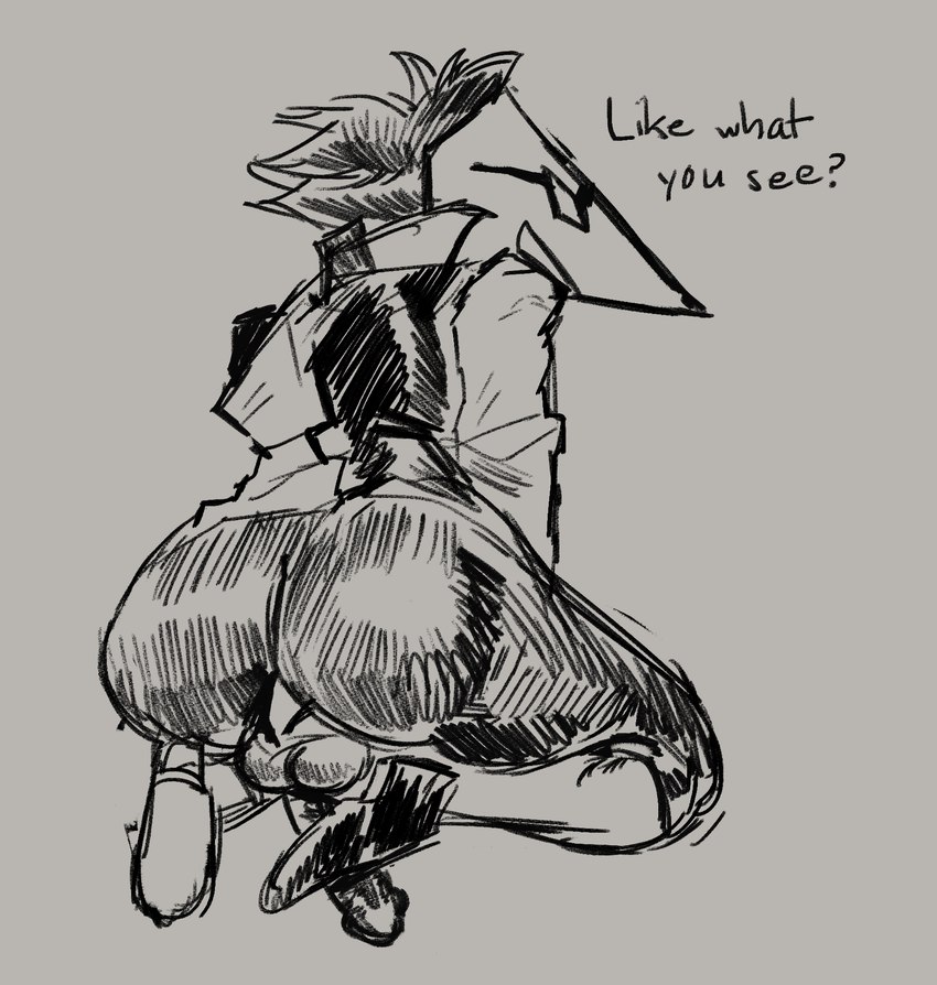 anthro anus bottomless bottomless_male butt clothed clothing looking_back male presenting presenting_anus presenting_hindquarters solo sodosko deltarune undertale_(series) swatch_(deltarune) avian swatchling hi_res monochrome