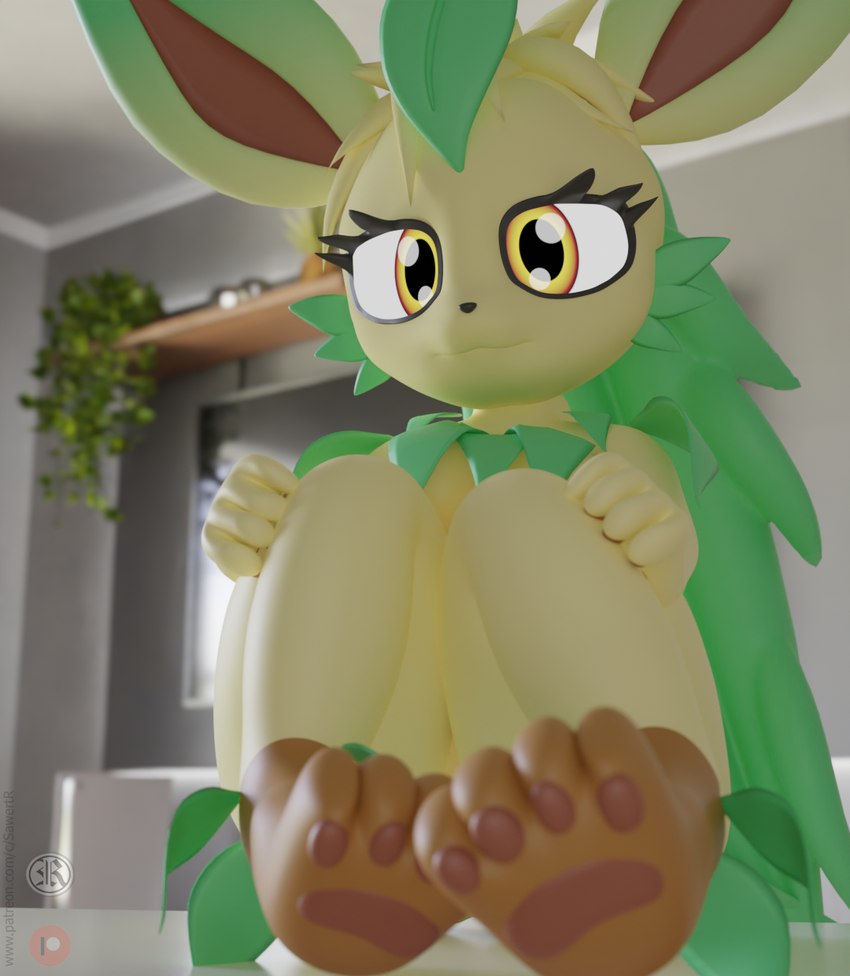 anthro anthrofied feet female green_body green_hair hair hindpaw leaf leaf_on_head looking_at_another nude_anthro paws solo sawert blender_cycles nintendo pokemon eeveelution generation_4_pokemon leafeon pokemon_(species) 2024 3d_(artwork) blender_(artwork) digital_media_(artwork) hi_res