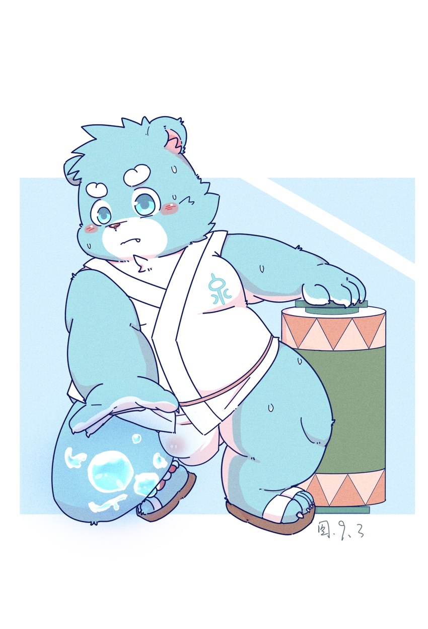 anthro asian_clothing blue_body blue_fur blush bulge clothing east_asian_clothing fundoshi fur japanese_clothing male overweight solo underwear water white_body white_fur young young_anthro lantu_(artist) bonasiah full_attack sophring_hao bear mammal 2021 hi_res