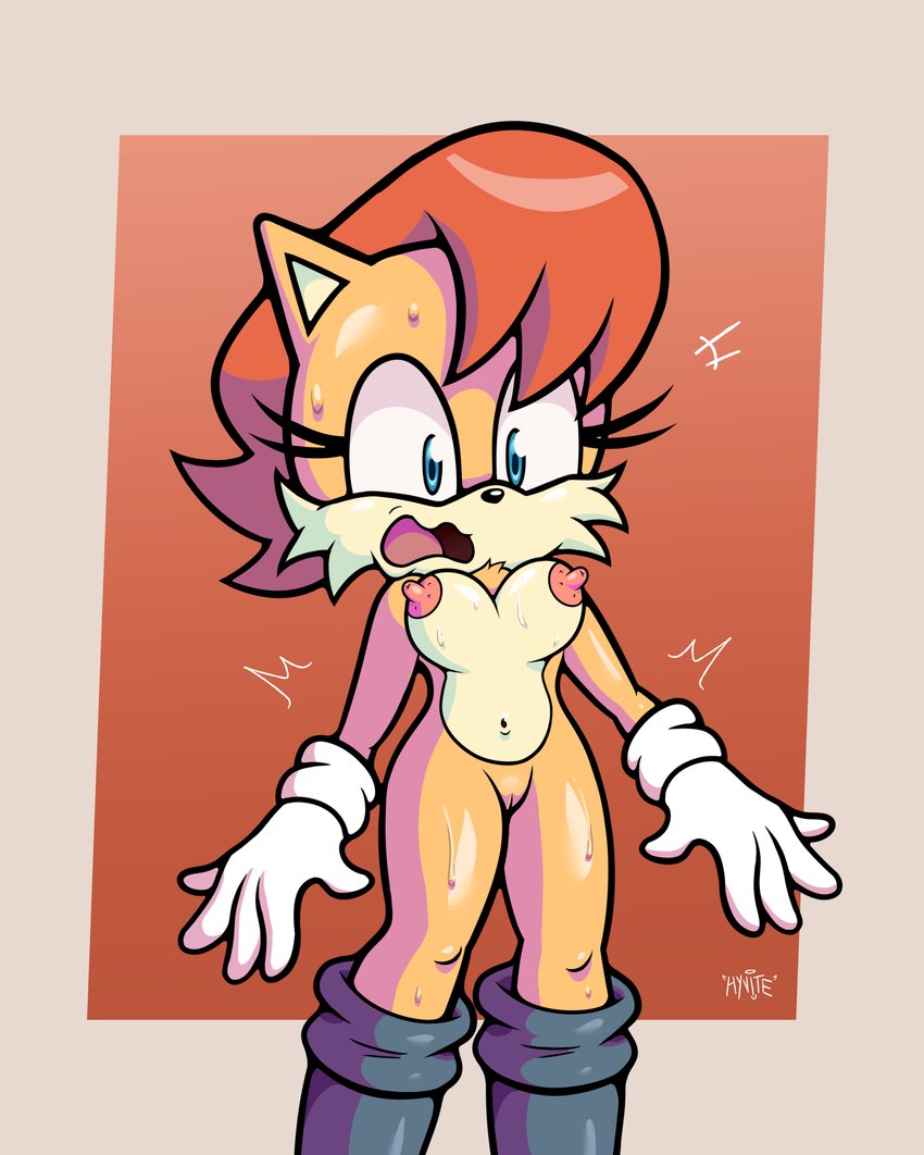 anthro big_breasts blue_clothing blue_eyes blue_jacket blue_topwear bodily_fluids boots breasts clothing dark female footwear fur genitals hair jacket nervous open_mouth pussy red_hair shoes solo standing surprise sweat topwear wide_eyed hynite archie_comics sega sonic_the_hedgehog_(archie) sonic_the_hedgehog_(comics) sonic_the_hedgehog_(series) sally_acorn chipmunk ground_squirrel mammal rodent sciurid tree_squirrel absurd_res hi_res