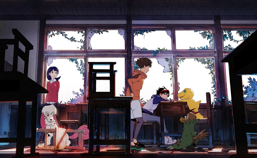 ambiguous_gender anthro broken_glass clothed clothing eye_contact eyewear eyewear_on_head feathers female fully_clothed fur furniture glass goggles goggles_on_head group locker looking_at_another male school sitting standing table bandai_namco digimon digimon_survive agumon_(survive) aoi_shibuya falcomon_(survive) labramon_(survive) minoru_hyuga takuma_momozuka agumon avian bird canid canine canis digimon_(species) dinosaur domestic_dog falcomon human labramon mammal prehistoric_species reptile scalie absurd_res hi_res official_art wallpaper