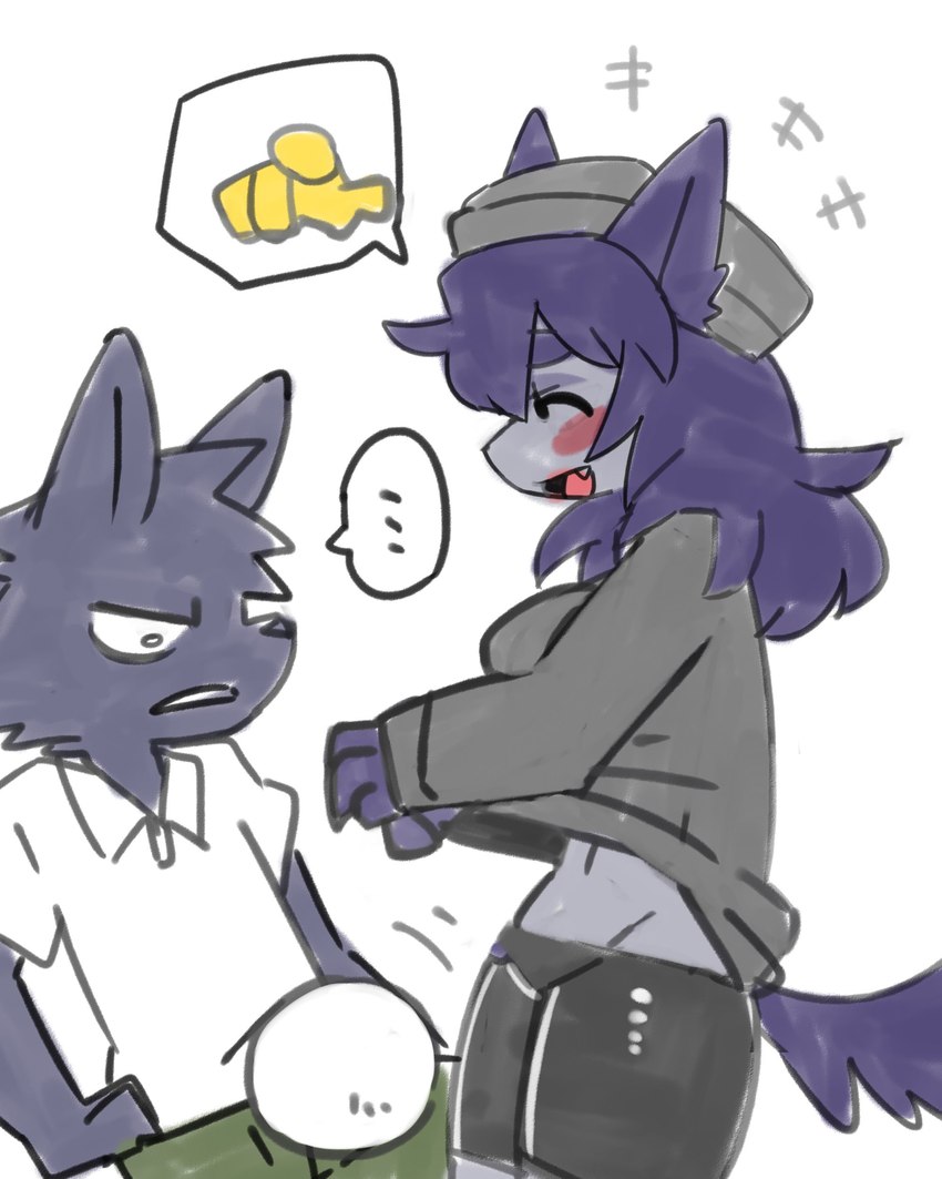 anthro blush blush_lines bottomwear breasts clothed clothing clothing_lift cute_fangs ellipsis fangs female fur grey_body grey_fur hair hat headgear headwear kemono laugh looking_at_another male pants purple_hair smile speech_bubble teeth upshorts pizademokttero mini_(puppy_in_space) nifram_logan canid canine canis domestic_dog mammal wolf 4:5 absurd_res hi_res