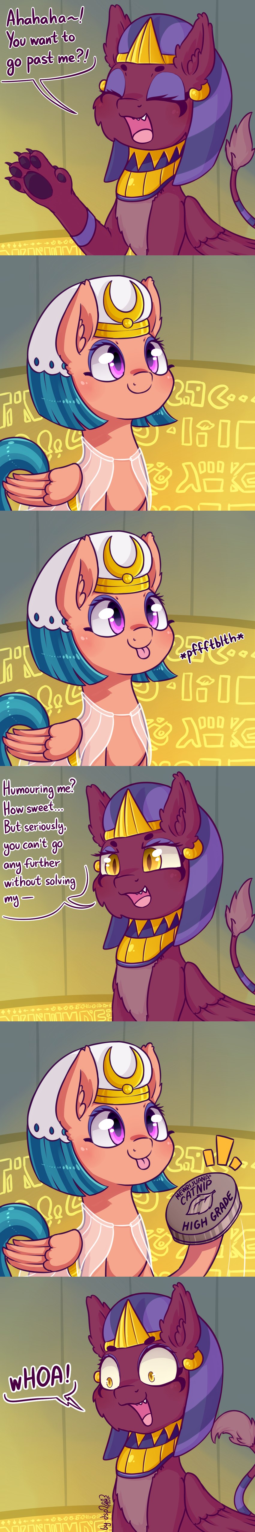 afnet_(clothing) blep catnip clothing dialogue drugs duo egyptian egyptian_clothing egyptian_headdress feathered_wings feathers female feral headdress headgear headwear humor nemes_(clothing) purple_eyes smile text tongue tongue_out wings yellow_eyes dsp2003 friendship_is_magic hasbro my_little_pony mythology somnambula_(mlp) sphinx_(mlp) equid equine felid mammal mythological_creature mythological_equine mythological_sphinx pegasus 2017 absurd_res comic english_text hi_res long_image tall_image