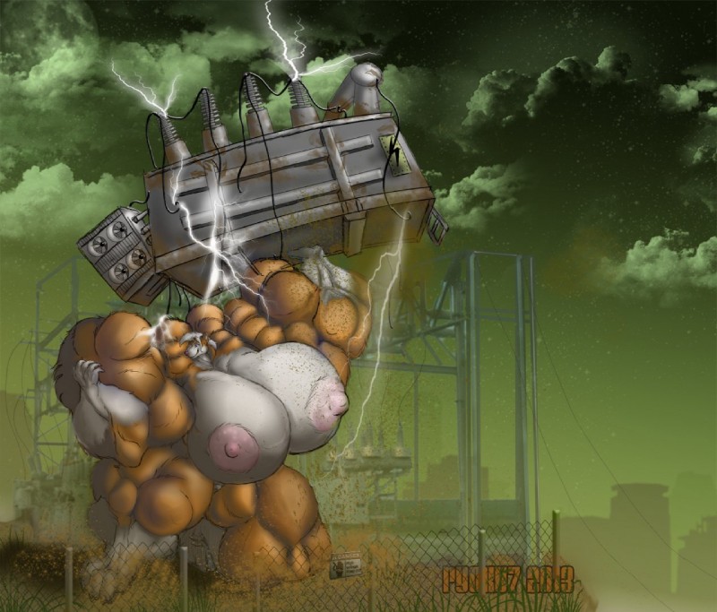 anthro big_breasts big_muscles breast_expansion breasts cloud destruction electricity expansion female flexing fur growth huge_breasts huge_muscles hyper hyper_muscles industrial lifting lightning muscle_growth muscular muscular_anthro muscular_female nipples plant solo super_strength superpowers ryoku7 abby_(abby) canid canine canis domestic_dog husky mammal nordic_sled_dog spitz