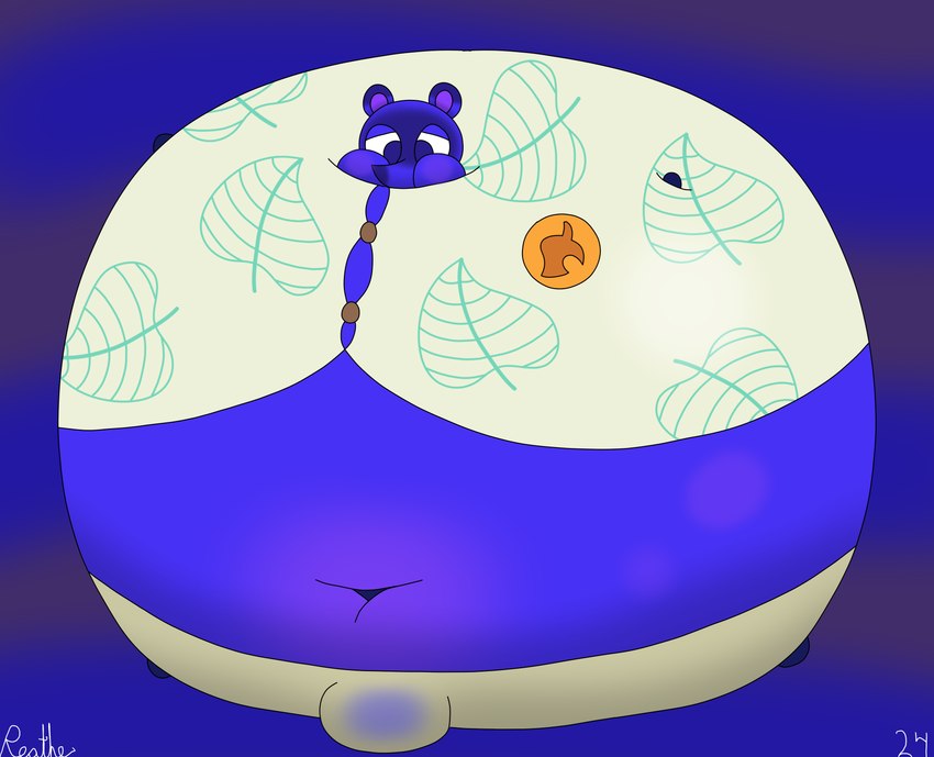 aloha_shirt anthro belly belly_blush belly_expansion big_belly big_bulge big_cheeks blue_background blue_body blue_ears blue_eyes blue_nose blueberry_inflation blush bodily_fluids body_blush bottomwear bulge button_(fastener) clothing deep_navel expansion genital_fluids grey_bottomwear grey_clothing grey_pants huge_belly huge_bulge hyper hyper_belly hyper_inflation immobile inflation male navel pants pattern_clothing pattern_shirt pattern_topwear purple_background purple_inner_ear shirt simple_background solo spherical_inflation stained_clothing swollen_cheeks tight_clothing topwear unusual_bodily_fluids unusual_genital_fluids white_clothing white_shirt white_topwear worried reathe animal_crossing nintendo tom_nook_(animal_crossing) canid canine mammal raccoon_dog tanuki 2024 absurd_res colored digital_media_(artwork) hi_res shaded signature