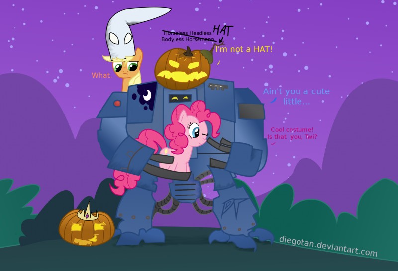 adeptus_astartes clothing cybernetics dialogue dreadnought female feral food fruit group hat headgear headwear hill jack-o'-lantern machine mecha outside plant princess pumpkin royalty shrub space_marine star text diegotan friendship_is_magic hasbro my_little_pony warhammer_(franchise) warhammer_40000 applejack_(mlp) candlejack headless_horseman pinkie_pie_(mlp) princess_celestia_(mlp) princess_luna_(mlp) cyborg earth_pony equid equine horse mammal pony crossover english_text hi_res